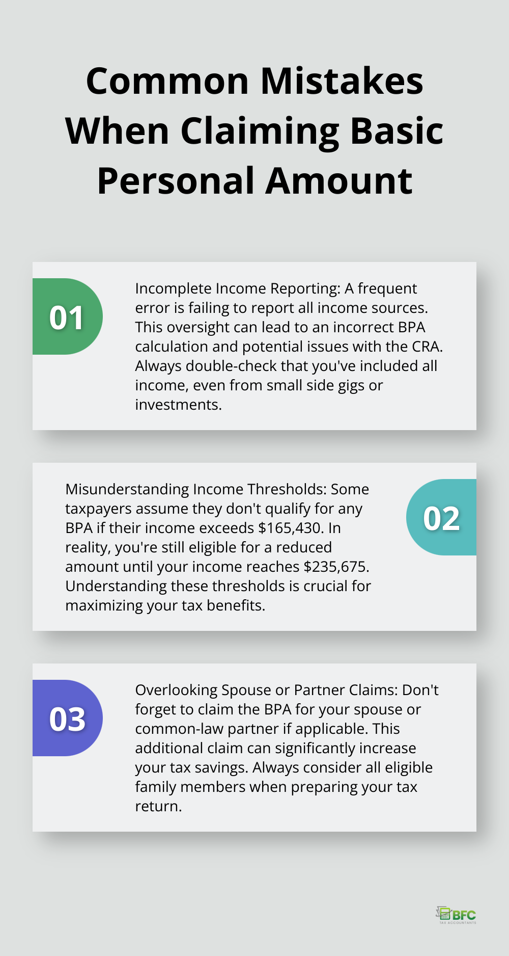 Ordered list chart showing three common mistakes when claiming the Basic Personal Amount: incomplete income reporting, misunderstanding income thresholds, and overlooking spouse or partner claims - canada tax basic personal amount