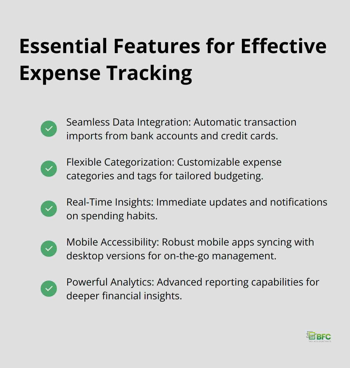A checkmark list chart showing five essential features for effective expense tracking: Seamless Data Integration, Flexible Categorization, Real-Time Insights, Mobile Accessibility, and Powerful Analytics. - expense tracking programs