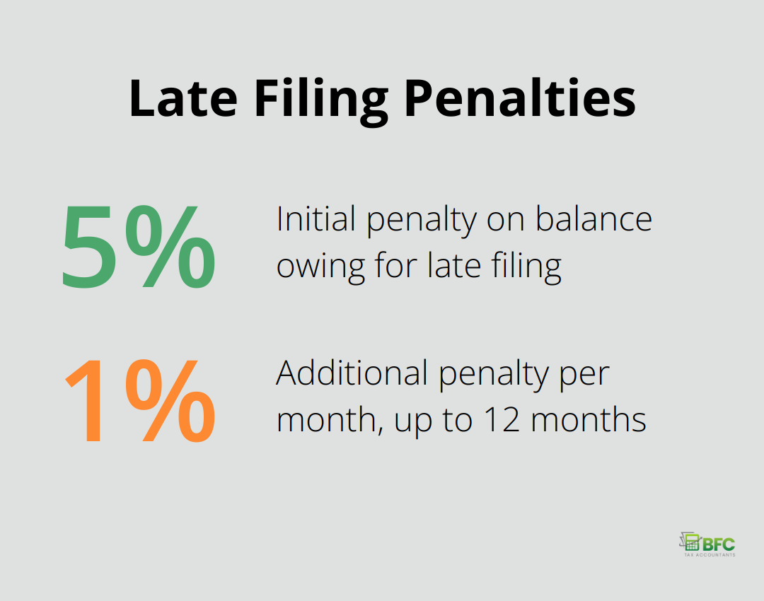 Chart showing late filing penalties: 5% initial penalty and 1% additional penalty per month up to 12 months - personal tax deadline 2024