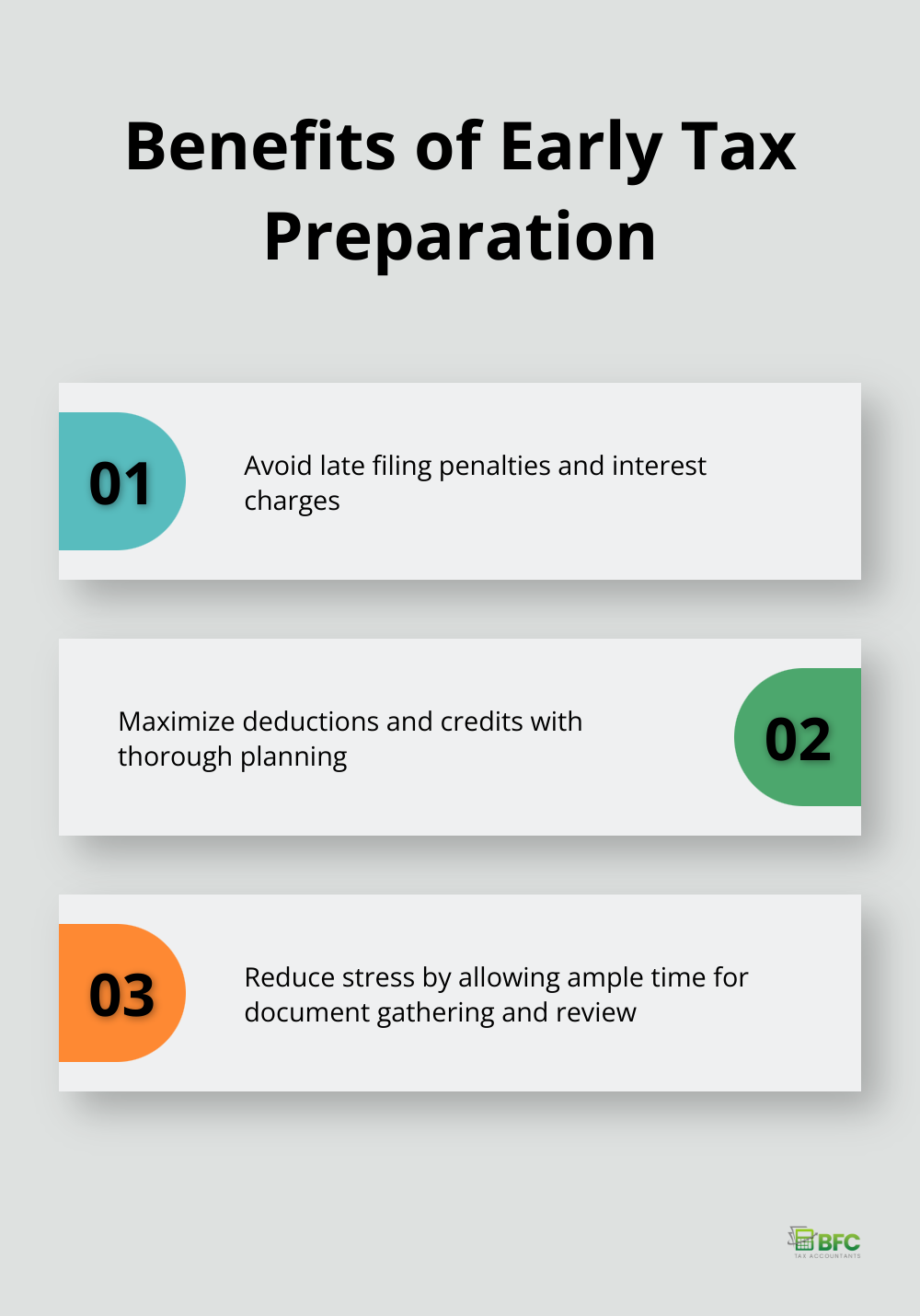 Chart listing benefits of early tax preparation: Avoid penalties, maximize deductions, and reduce stress