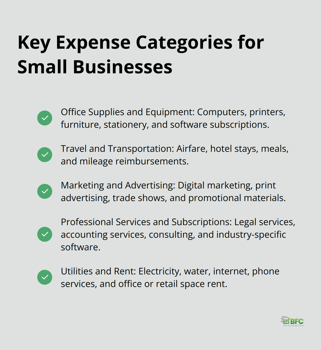 A checklist of five key expense categories for small businesses: Office Supplies and Equipment, Travel and Transportation, Marketing and Advertising, Professional Services and Subscriptions, and Utilities and Rent. - small business expense tracking
